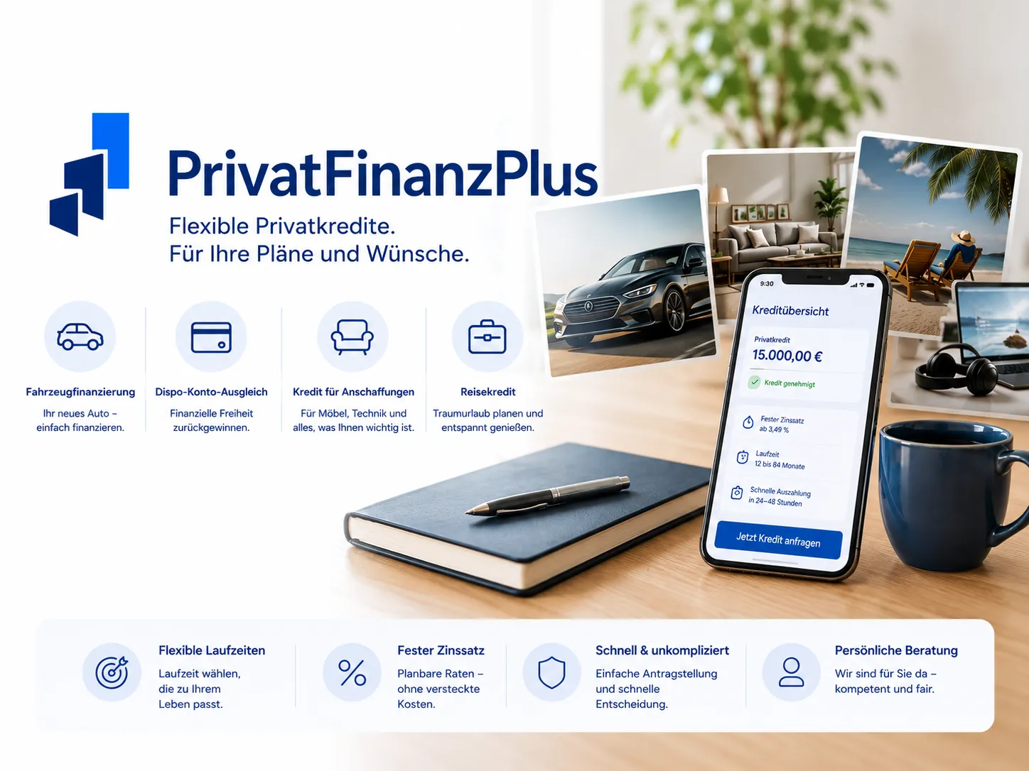 PrivatFinanzPlus - Baufinanzierungen und Privatkredite - Ein Werbebild für „PrivatFinanzPlus“, das flexible Privatkredite bewirbt. Das Layout zeigt verschiedene Kreditkategorien wie Fahrzeugfinanzierung und Reisefinanzierung, ein Smartphone mit einer Kreditübersicht über 15.000 € sowie Lifestyle-Bilder von einem Auto und einem Urlaub.