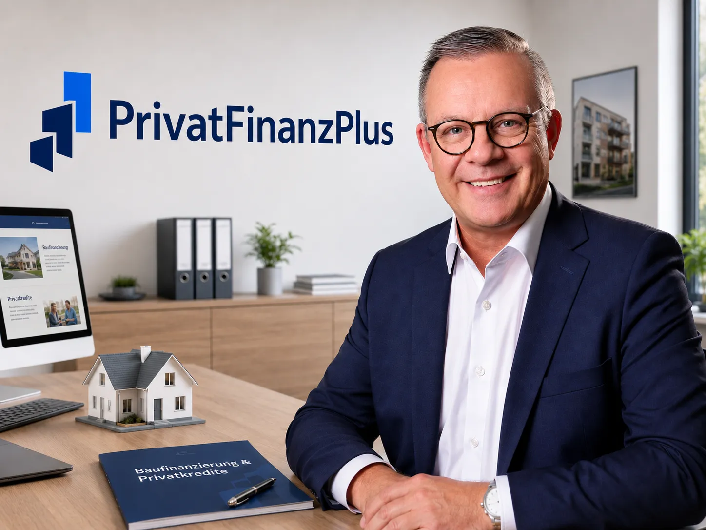 PrivatFinanzPlus - Baufinanzierungen und Privatkredite - Ein Mann im Anzug und mit Brille sitzt an einem Schreibtisch vor dem Logo von PrivatFinanzPlus. Die Büroeinrichtung umfasst ein Musterhaus, einen Laptop und Finanzordner und deutet auf ein Umfeld im Bereich Hypotheken- oder Immobilienfinanzierung hin.