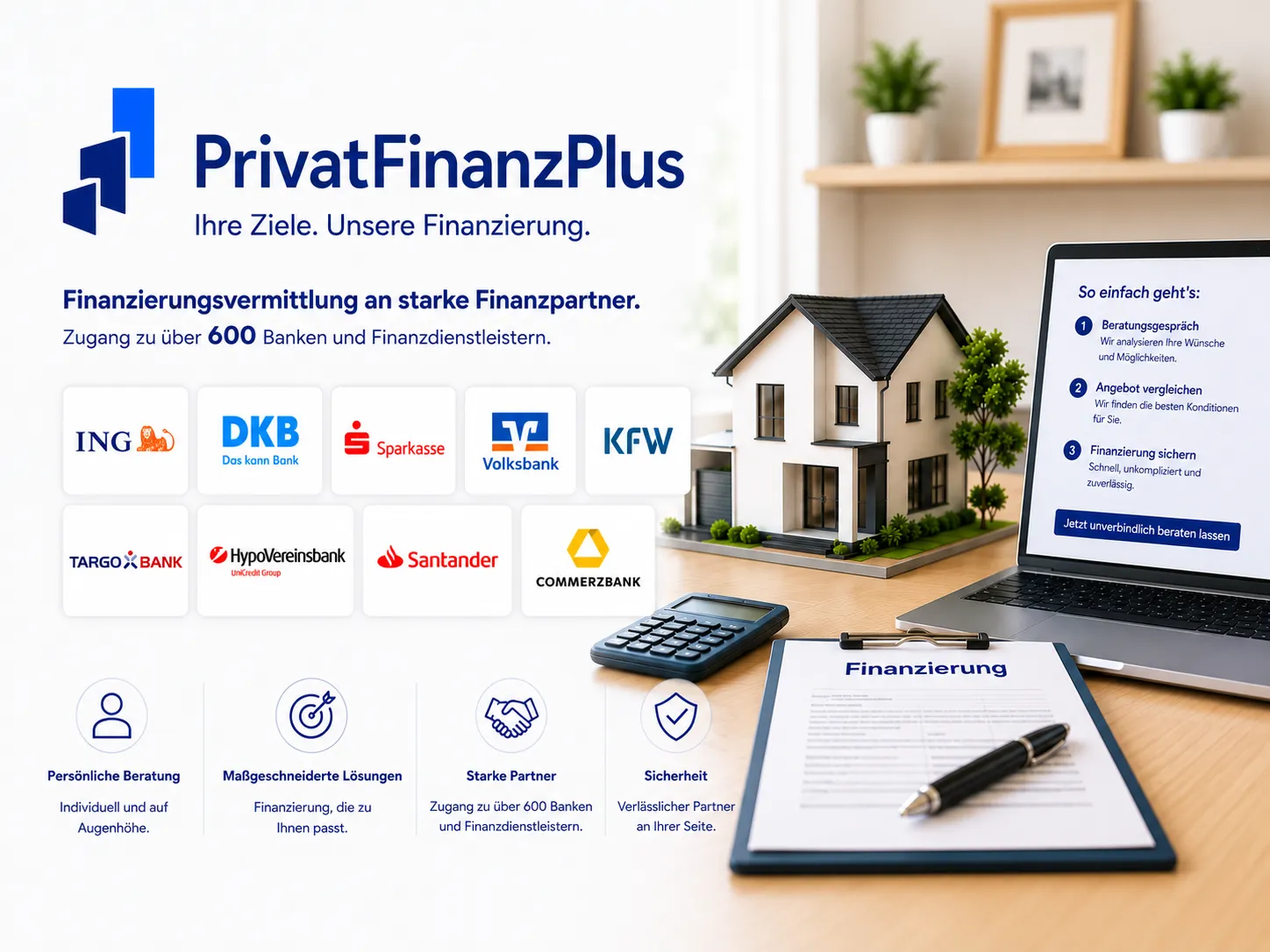 PrivatFinanzPlus - Baufinanzierungen und Privatkredite - Eine Anzeige für die Finanzdienstleistungen von PrivatFinanzPlus, die einen Schreibtisch mit Laptop, einem Modellhaus, einem Taschenrechner und einem Klemmbrett sowie verschiedene deutsche Banklogos zeigt.