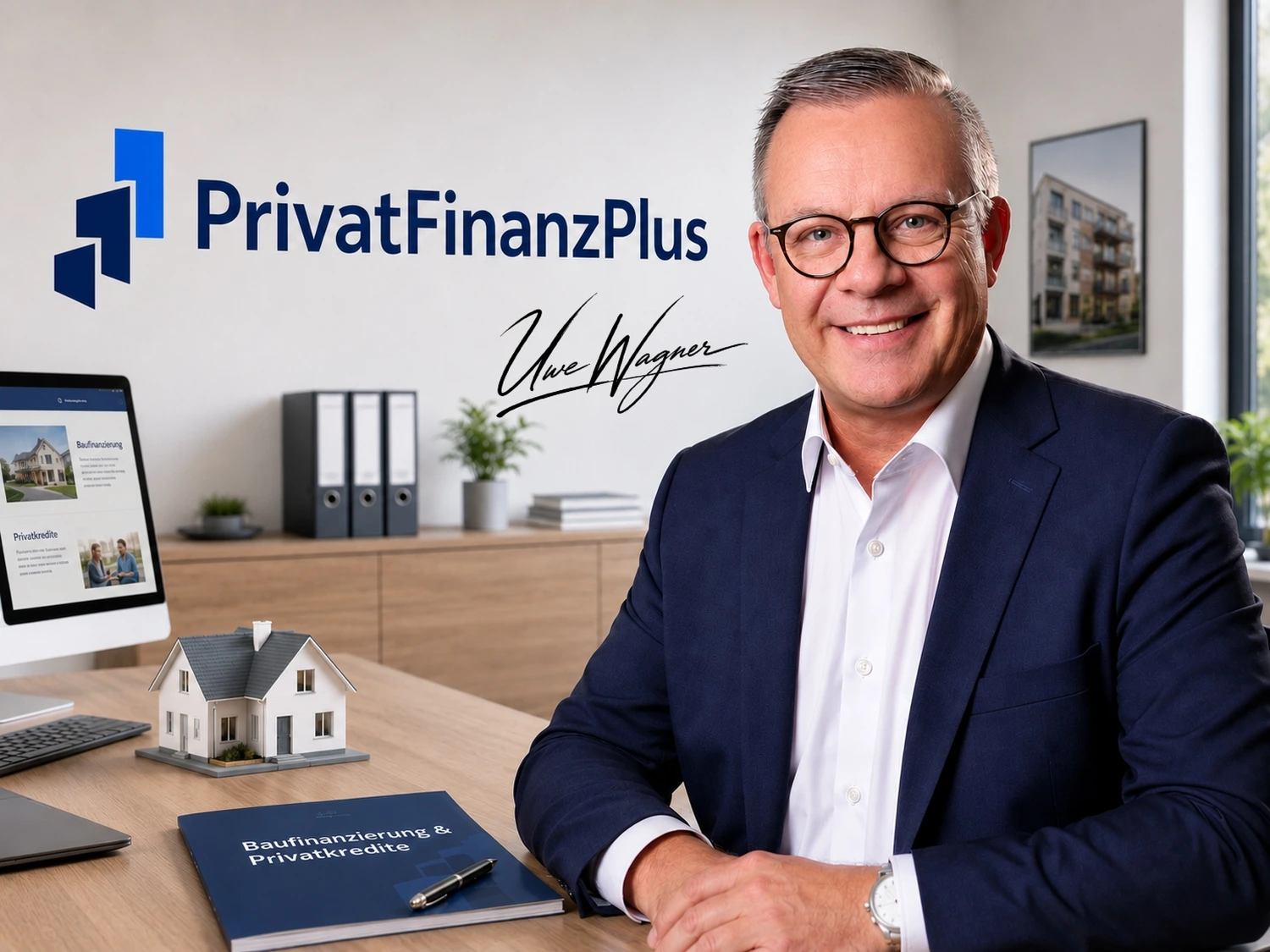 PrivatFinanzPlus - Baufinanzierungen und Privatkredite - Ein Mann im Anzug und mit Brille sitzt an einem Schreibtisch vor dem Logo von PrivatFinanzPlus. Die Büroeinrichtung umfasst ein Musterhaus, einen Laptop und Finanzordner und deutet auf ein Umfeld im Bereich Hypotheken- oder Immobilienfinanzierung hin.